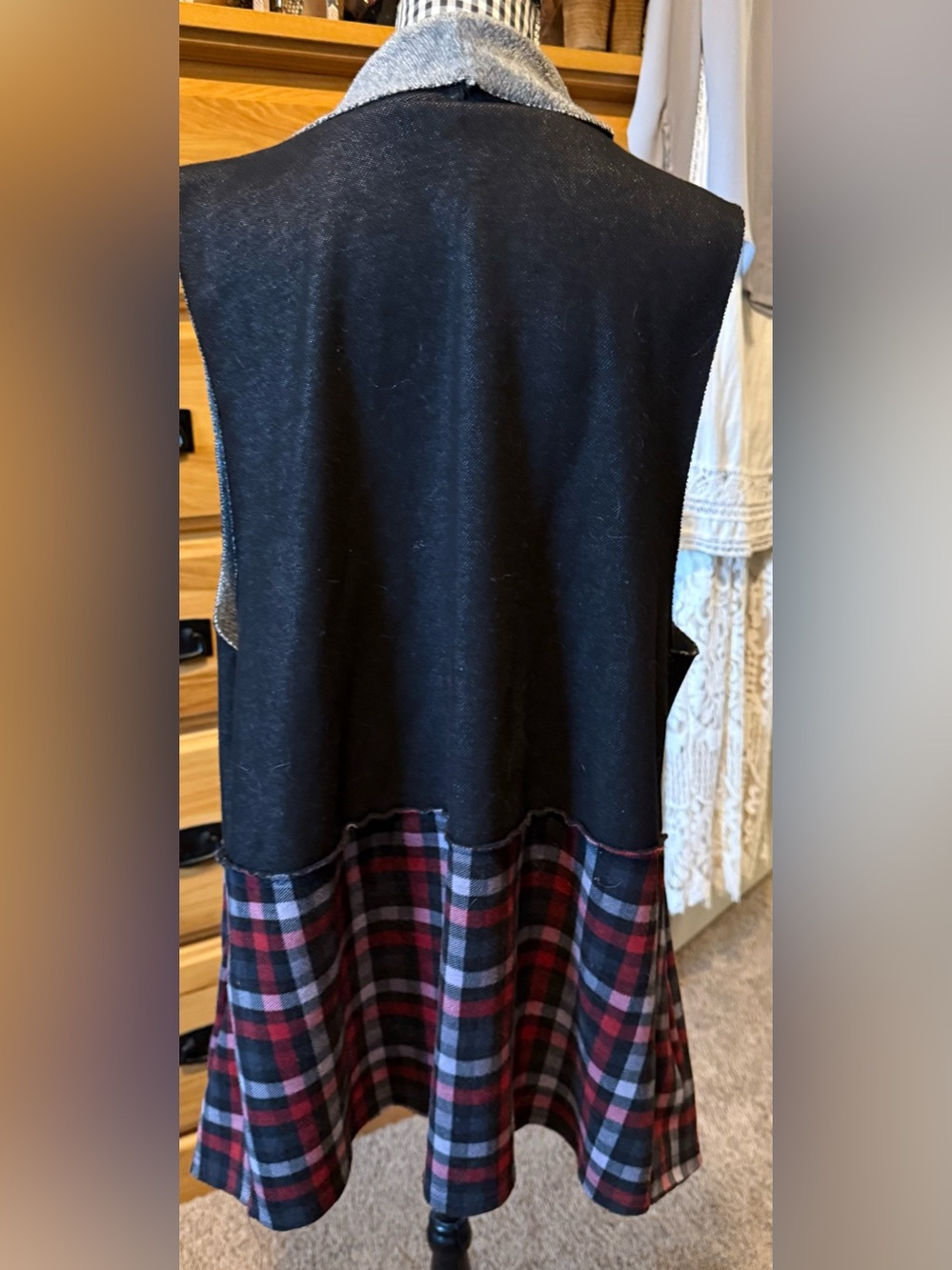 Hem & Thread Black Knit Vest with Red and Gray Plaid